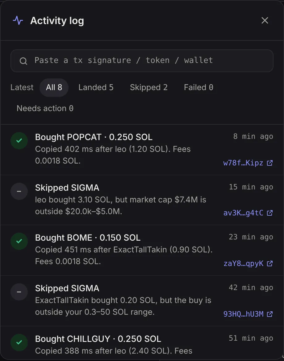 The activity log behind the bell. Sample data.