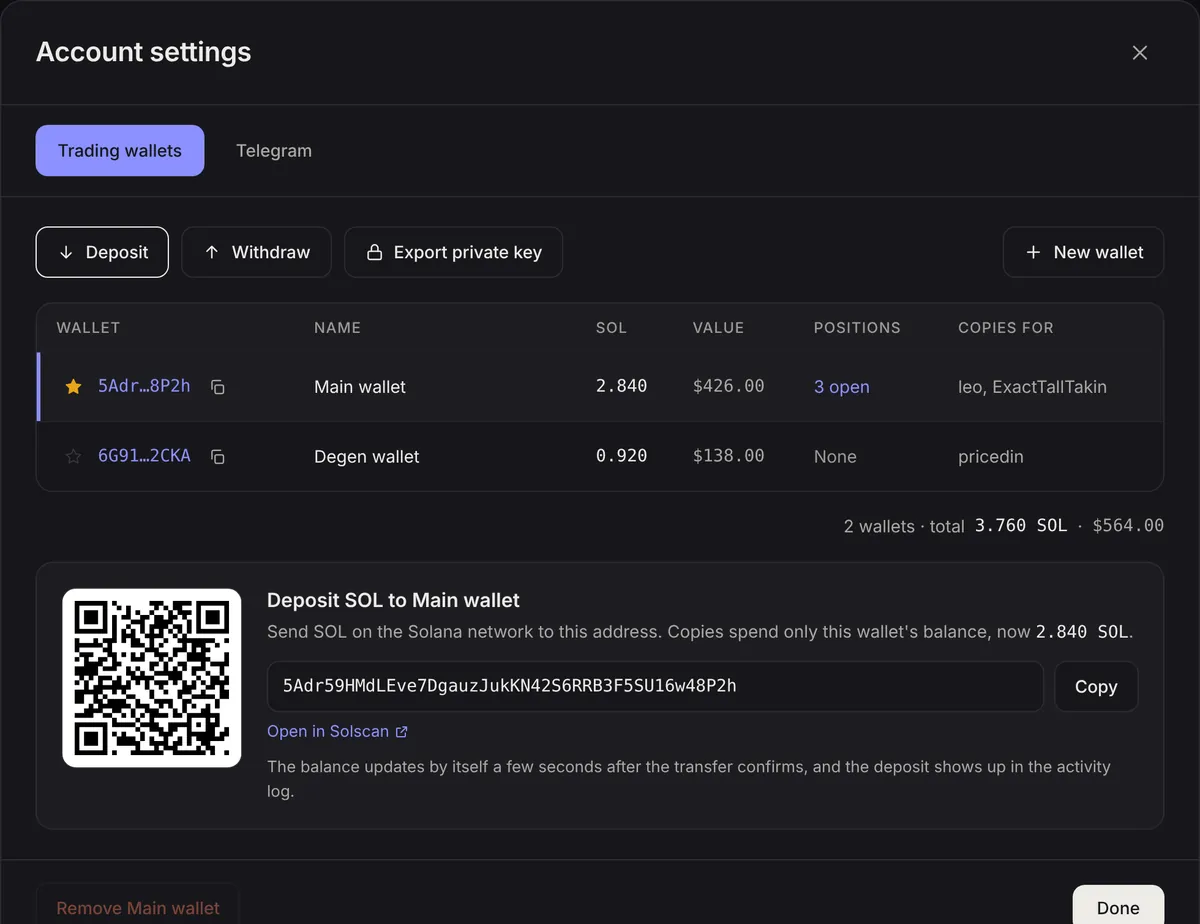 Account settings: trading wallets with balance, open positions and the strategies that use each one. Sample data.
